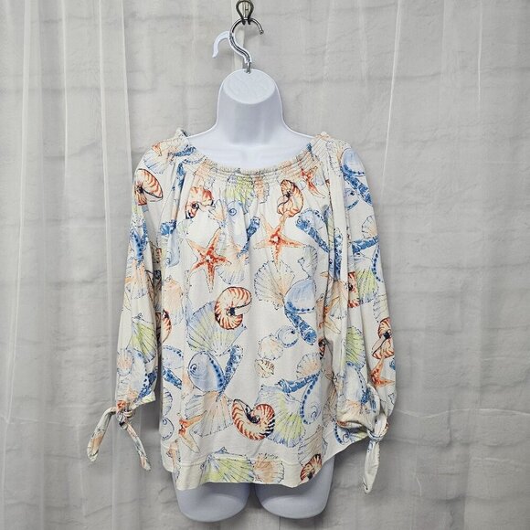Chaps White Blue Seashell Blouse Beach Tropical L - Picture 11 of 11